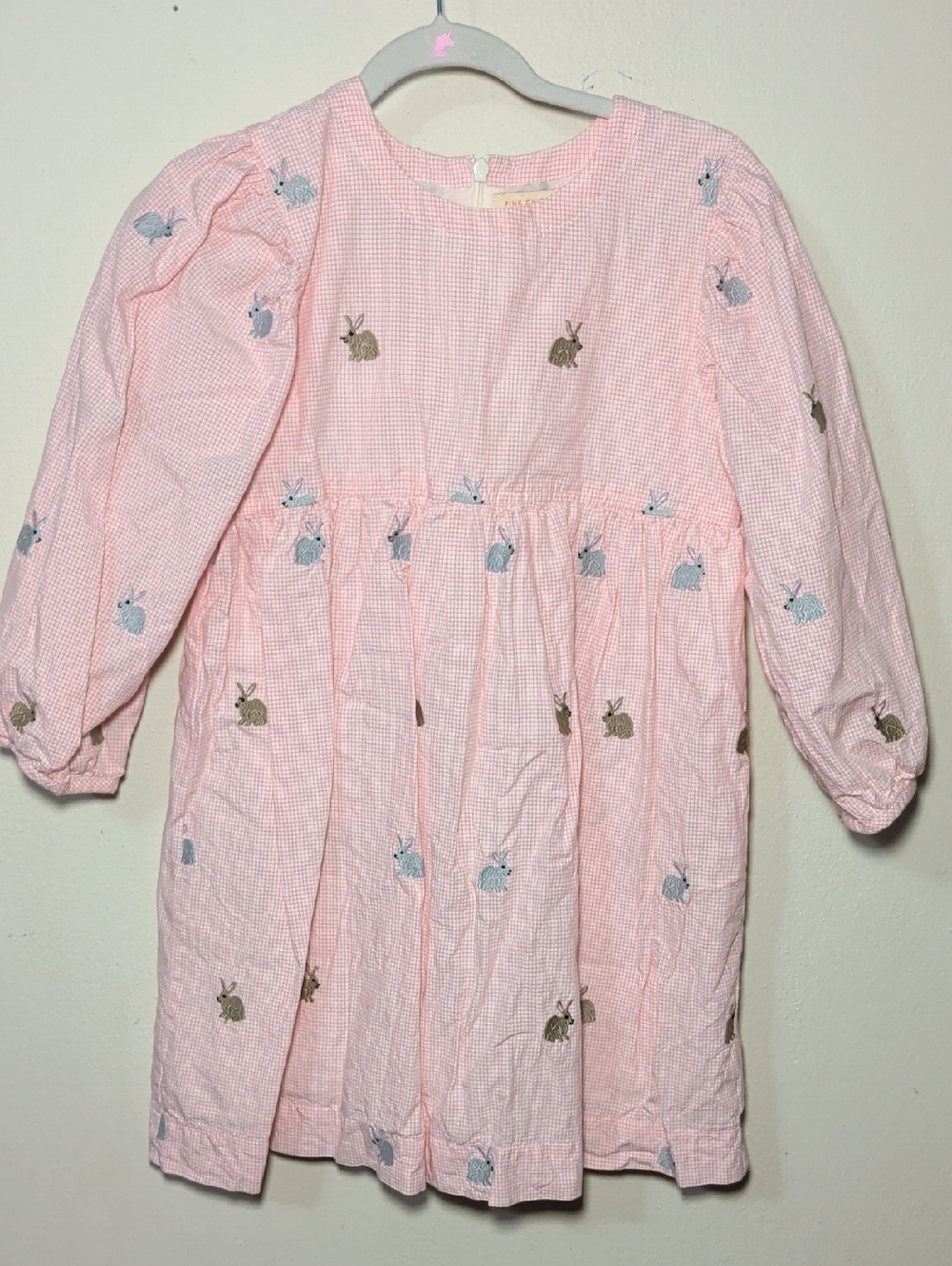 Pink Chicken Pink + White Gingham Dress with Embroidered Bunnies Girls Size 6Y